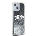 DKNY iPhone 15 6,1" -puhelimen kuoret, mustat nestekimalleilla ja kaarilogolla. DKNY DKHCP15SLBNAEK -kotelo.
