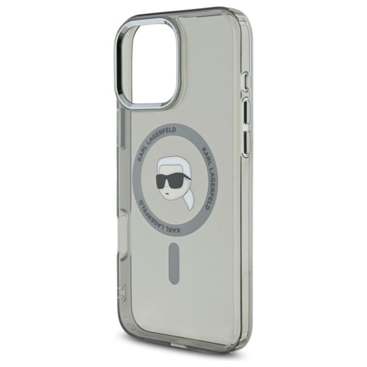 Karl Lagerfeld -suojakuori iPhone 16 Pro 6,3":lle. KLHMP16LHLSKIK, musta. Kova IML-suoja metallia. Karl Head MagSafe -luotauksella.