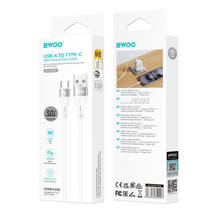 BWOO-kaapeli USB - USB-C 1m 3A Minimalistinen silikoni Valkoinen X280C