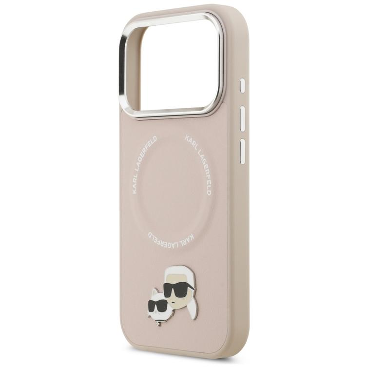 Karl Lagerfeld -kotelo, Magsafe PU -kotelo, jossa Karl&Choupette-päät, nastat, logo ja metalliset kamerapainikkeet iPhone 17 Prolle, beige