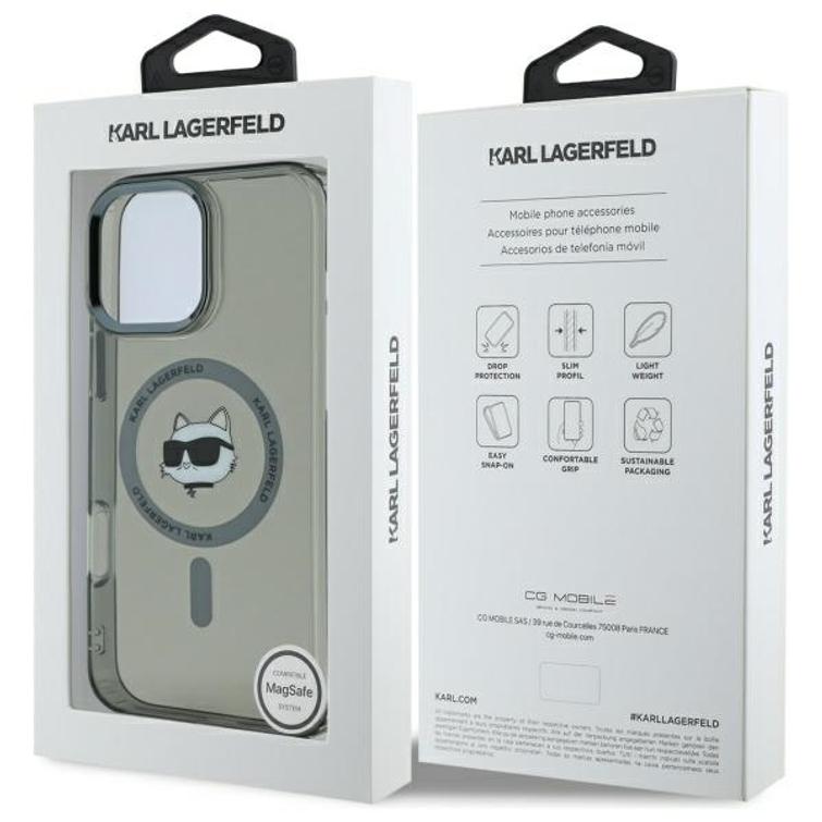 Karl Lagerfeld -suojakuori iPhone 16 Pro Max 6,9":lle. KLHMP16XHLSCHK, musta. Kova IML-kuori metallikuorella, MagSafe-suojakuorella.