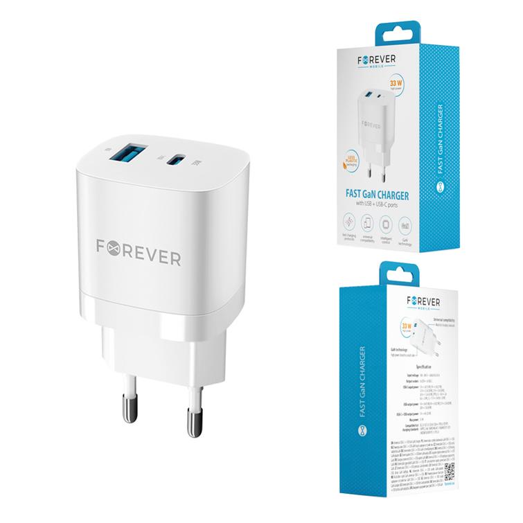 Forever TC-05-33AC GaN PD QC laturi 1x USB-C 1x USB 33W valkoinen