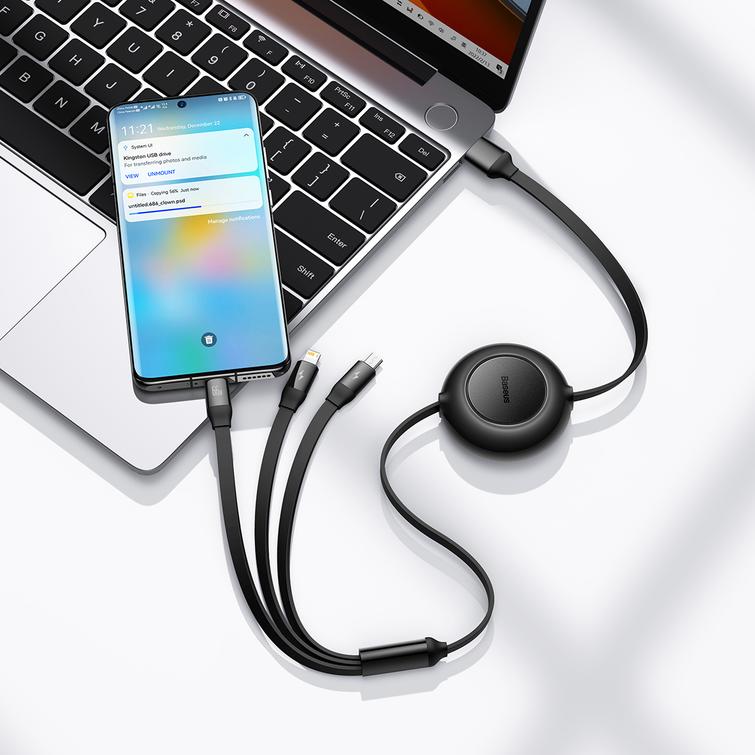 Baseus-kaapeli Bright Mirror 2 3w1 USB - micro USB + Lightning + USB-C 1,1m 66W musta sisäänvedettävä