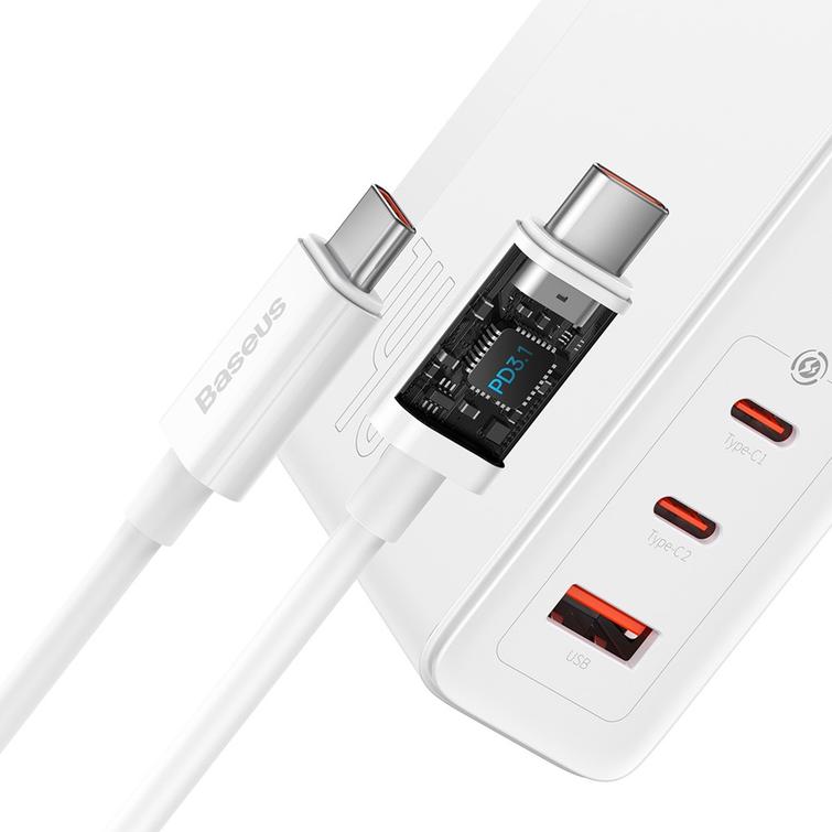Baseus-sein&auml;laturi GaN5 Pro PD 140W 2x USB-C 1x USB valkoinen + USB-C - USB-C 240W -kaapeli