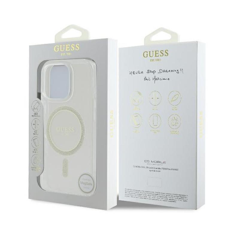 Guess HC MagSafe IML Glitter Circle -suojakuori iPhone 16 Pro 6,3":lle, läpinäkyvä