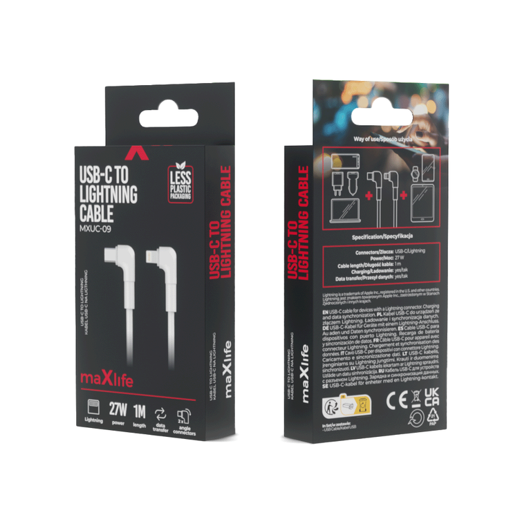 Maxlife MXUC-09 kulmakaapeli USB-C - Lightning 1,0 m 27W valkoinen