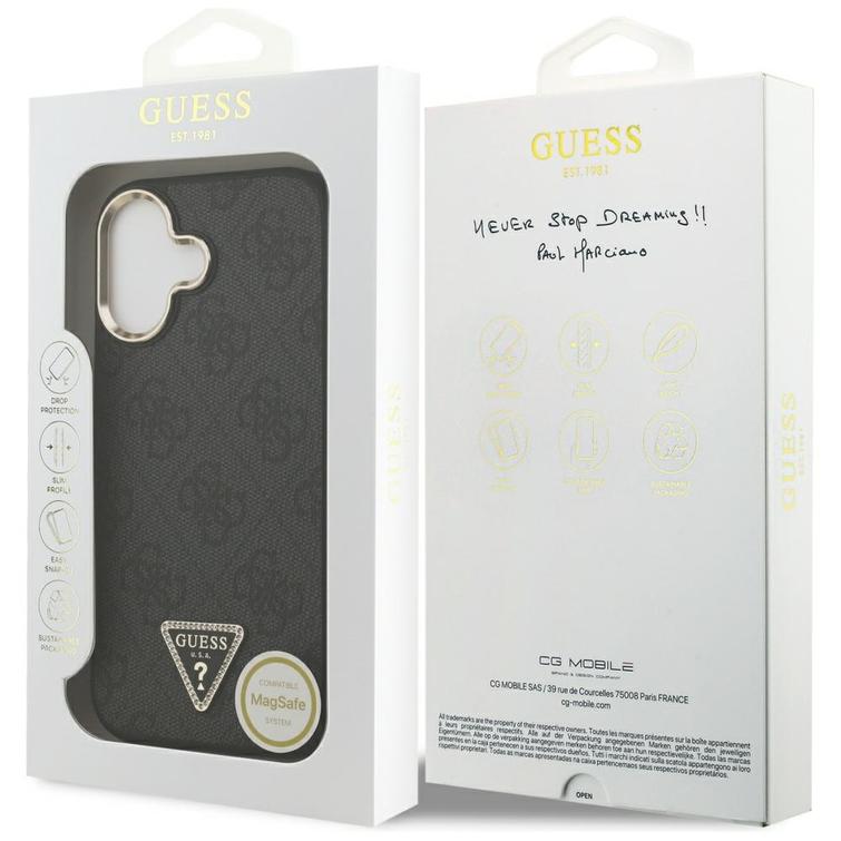Guess Case Magsafe 4G PU-nahkakotelo kolmiologolla ja kultaisella metallisella kamerakehyksell&auml; iPhone 17:lle, ruskea