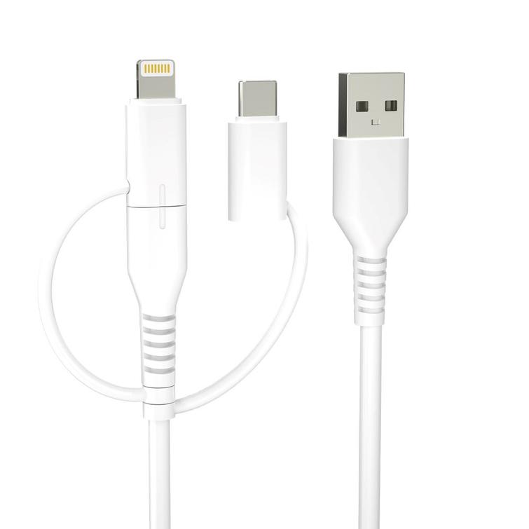 Forever kierr&auml;tyskaapeli 3w1 1,5m 2,4A USB-A -USB-C+ microUSB + Lightning KR3W1-00 valkoinen