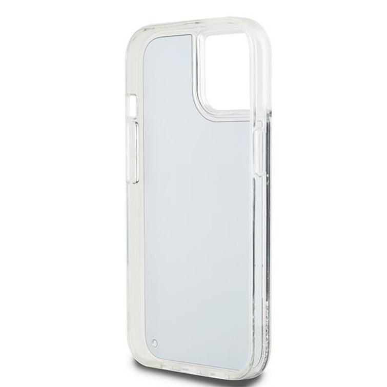 DKNY iPhone 15 6,1" -puhelimen kuoret, mustat nestekimalleilla ja kaarilogolla. DKNY DKHCP15SLBNAEK -kotelo.