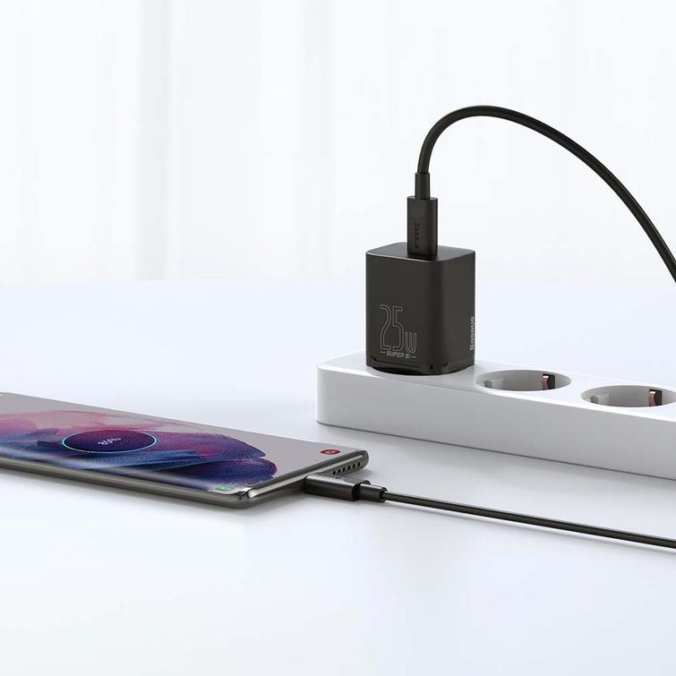 Baseus-sein&auml;laturi Super Si PD 25W 1x USBC musta + USB-C - USB-C-kaapeli