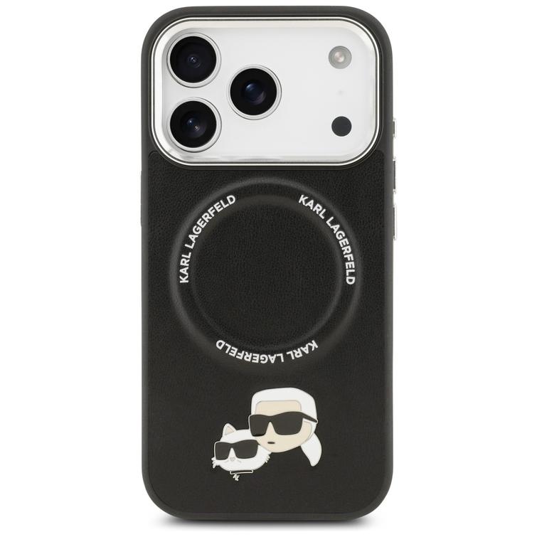 Karl Lagerfeld -kotelo, Magsafe PU -kotelo, jossa Karl&Choupette-p&auml;&auml;t, nastat, logo ja metalliset kamerapainikkeet iPhone 17 Prolle, musta