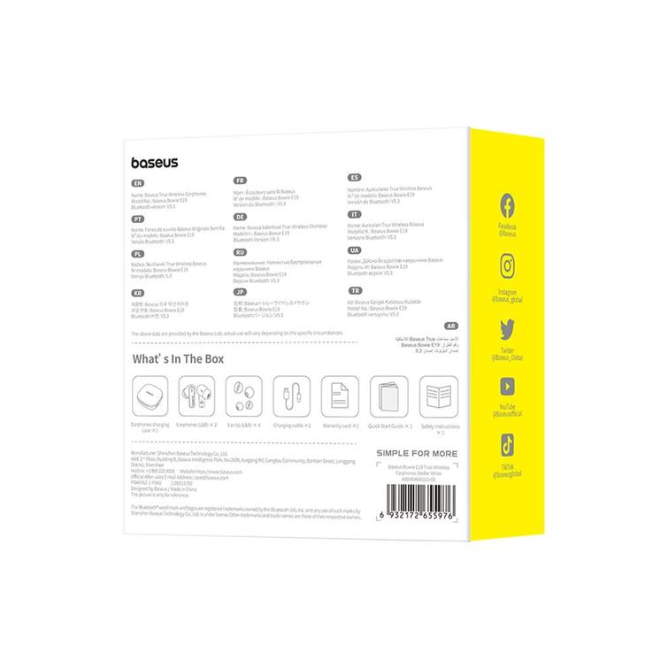 Baseus Bowie E19 True Langattomat Kuulokkeet, Valkoinen