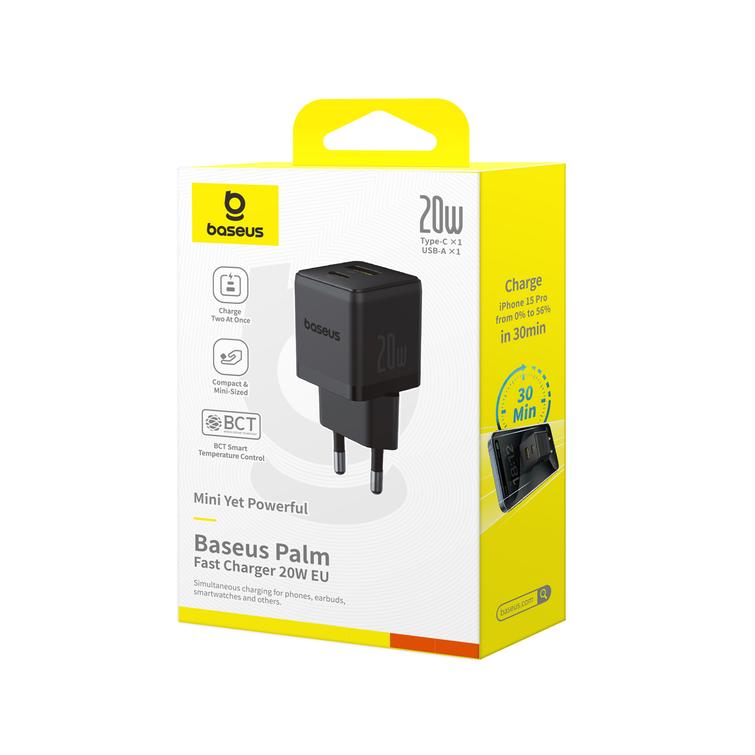 Baseus Palm Fast Charger Wall Charger 20W USB-C USB-A EU Cluster Black