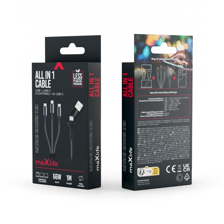 Maxlife ALLin1 -kaapeli USB + USB-C - Lightning + 2x USB-C 1,0 m 66W musta