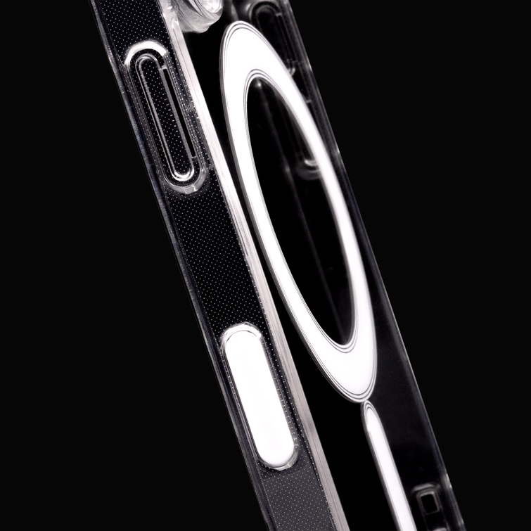 Iskunkestävä 1,5 mm:n magneettikotelo iPhone 16 Pro Max 6,9":lle, läpinäkyvä, isolla reiällä ja napilla.