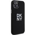 DKNY iPhone 15 Plus 6,7" -puhelimen suojakuori DKHCP15MSMCBSK, musta HC-silikoni ja pinomainen metallilogo.