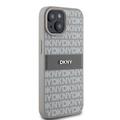 DKNY iPhone 15 Plus 6,7" -puhelimen kuori DKHCP15MPRTHSLE, beige HC PU -kuvioitu toistuva kuvio ja s&auml;vyinen raita.