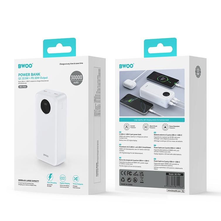 BWOO 22,5W 30000 mAh varavirtal&auml;hde LCD-n&auml;yt&ouml;ll&auml;, valkoinen