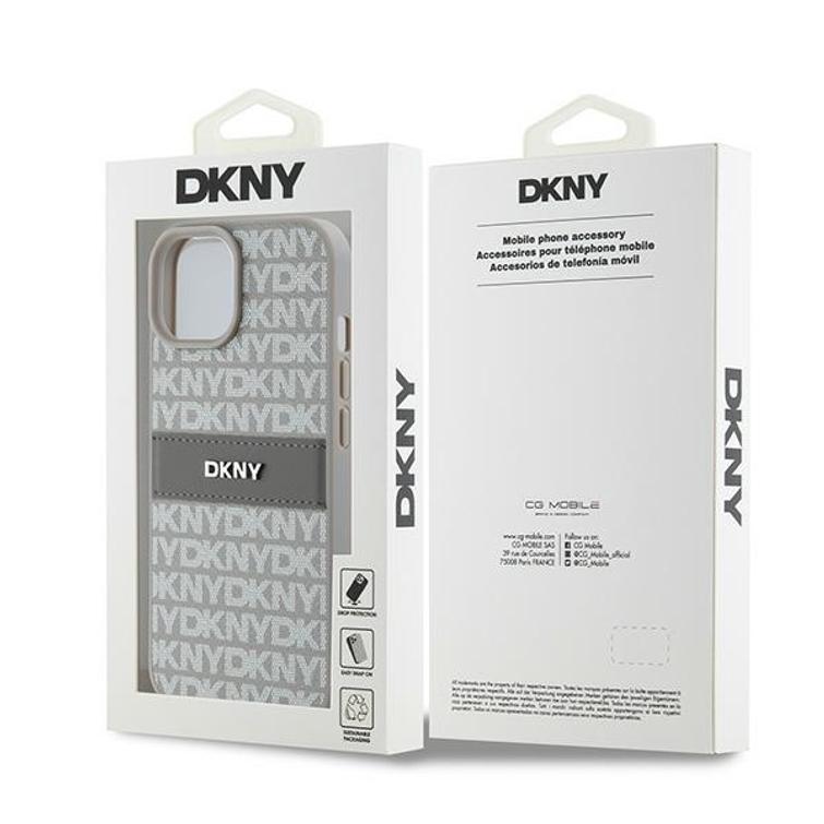DKNY iPhone 15 Plus 6,7" -puhelimen kuori DKHCP15MPRTHSLE, beige HC PU -kuvioitu toistuva kuvio ja s&auml;vyinen raita.