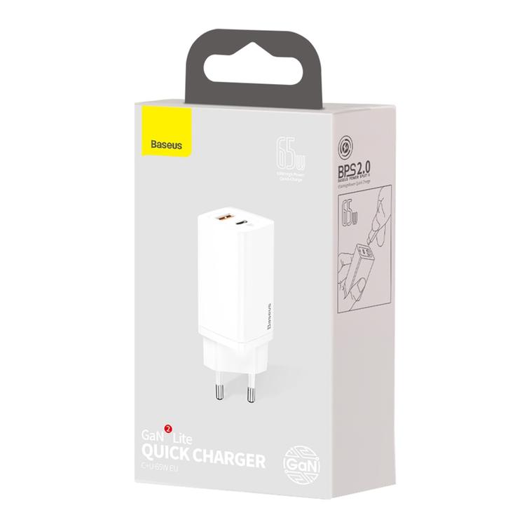 Baseus GaN2 Lite PD -seinälaturi 65W 1x USB-C 1x USB valkoinen