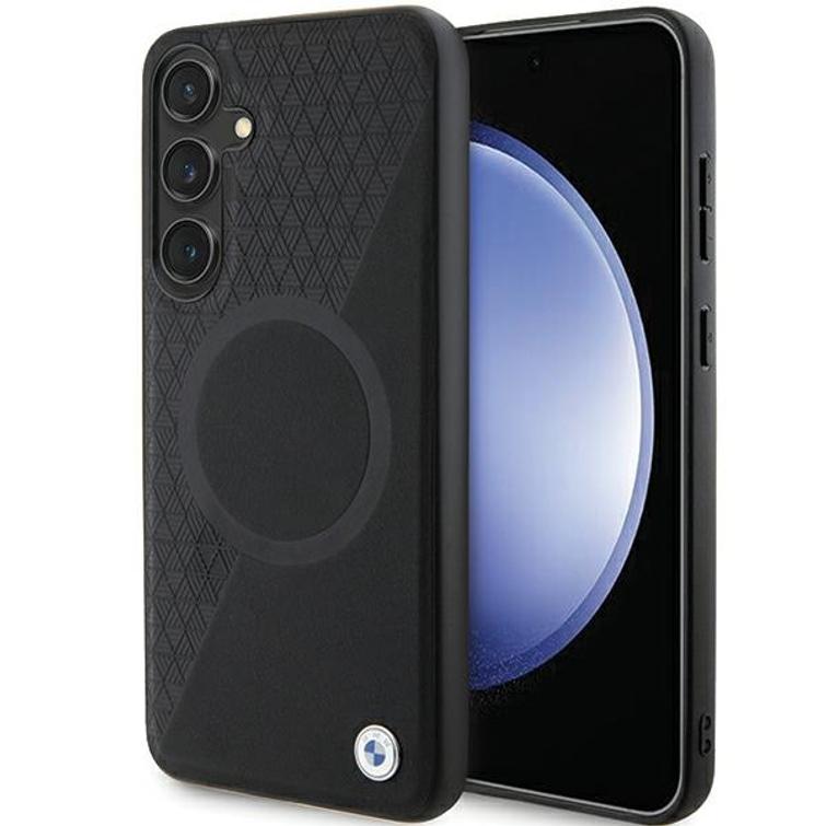 BMW-kotelo Samsung Galaxy S24 Plus -puhelimelle, musta, MagSafe Signature -nahkainen puoliteksturoitu ja py&ouml;re&auml; nahkakotelo