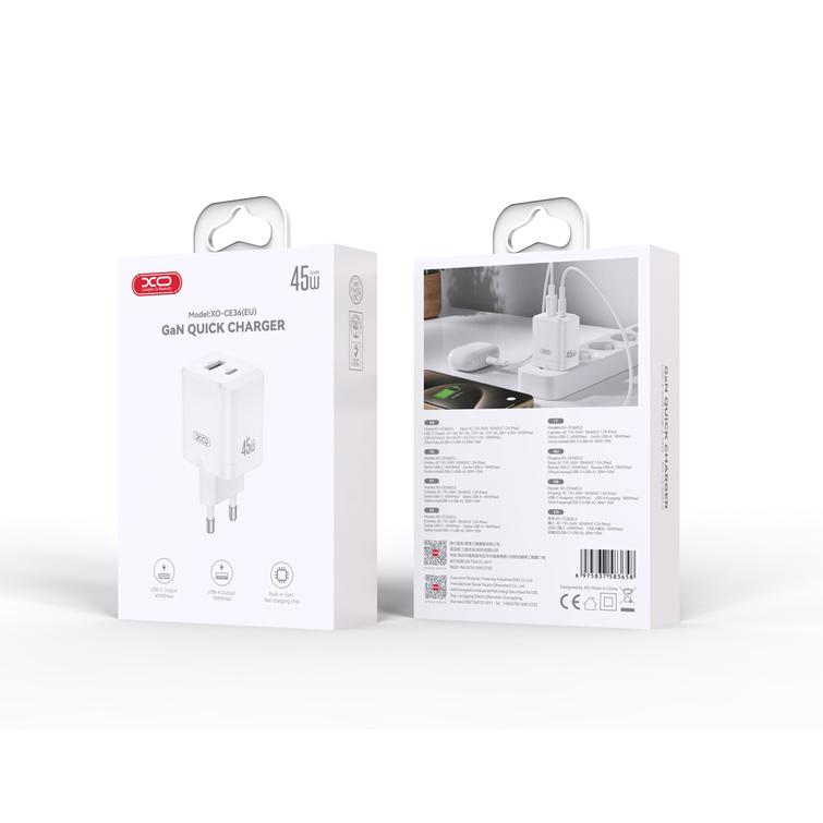 XO-sein&auml;laturi CE36 PD 45W 1x USB-C 1x USB valkoinen