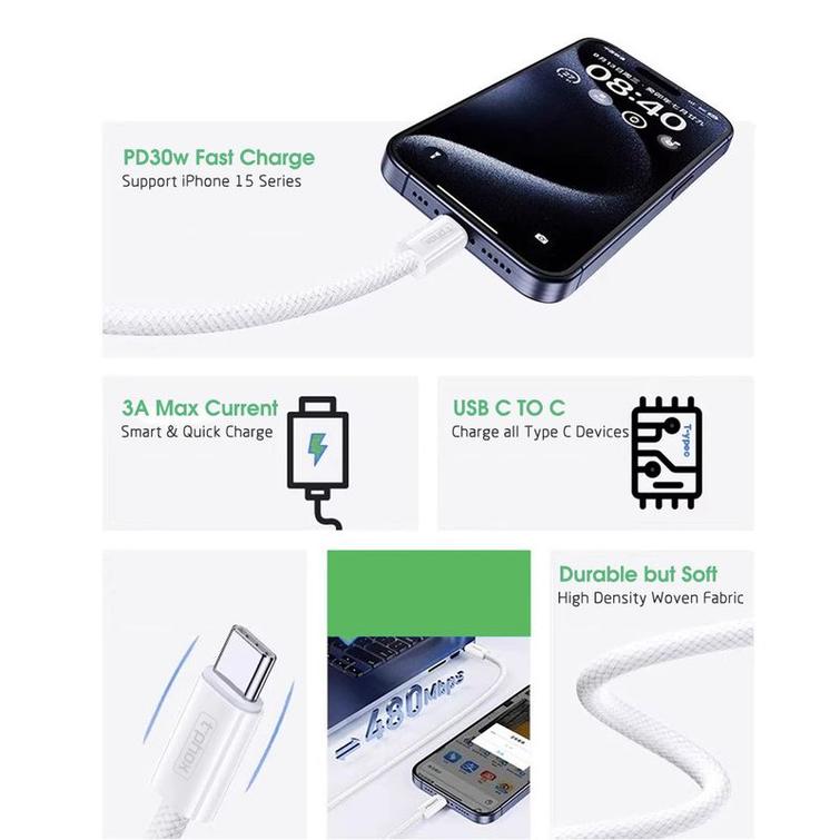 T-PHOX CC15 SERIES USB-C/USB-C CABLE 60W 3A WHITE