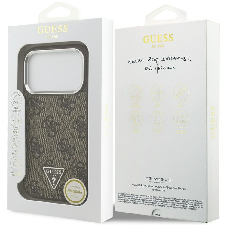 Guess Case Magsafe 4G PU-nahkakotelo kolmiologolla ja hopeisella metallisella kamerakehyksellä iPhone 17 Prolle, ruskea