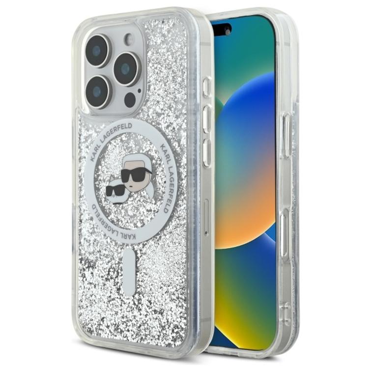 Karl Lagerfeld -suojakuori iPhone 16 Pro Max 6,9":lle. KLHMP16XLGKCSGH -läpinäkyvä, kovaa nestemäistä glitteriä, Karl&Choupette Head MagSafe -kalvolla.