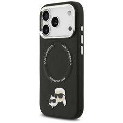 Karl Lagerfeld -kotelo, Magsafe PU -kotelo, jossa Karl&Choupette-päät, nastat, logo ja metalliset kamerapainikkeet iPhone 17 Prolle, musta