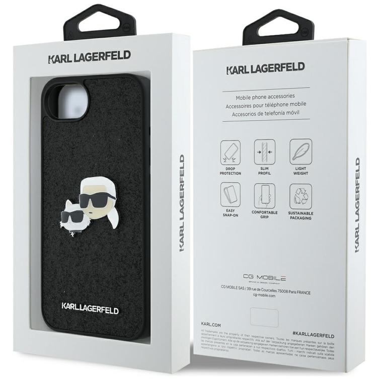 Karl Lagerfeld HC Fixed Glitter K&C Heads Logo Metal Pin -suojakuori iPhone 16e:lle, musta