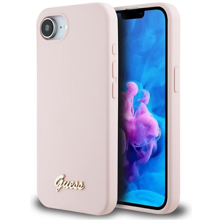 Guess HC Silicone Script Metal Logo -suojakuori iPhone 16e:lle, pinkki