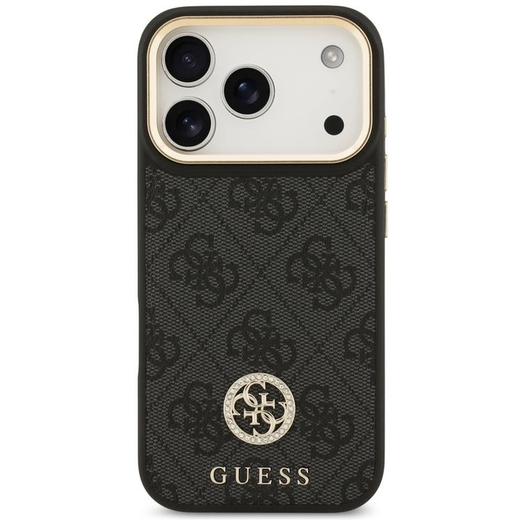 Guess 4G Strass Logo & Big Strap Metal Buttons MagSafe -kotelo iPhone 17 Prolle, musta