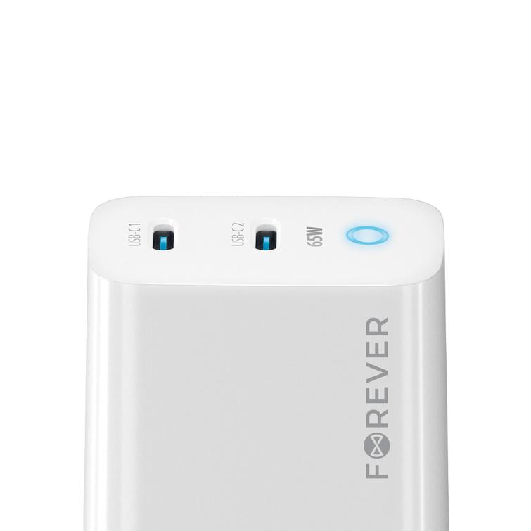 Forever TC-06-65CC GaN PD QC laturi 2x USB-C 65W valkoinen