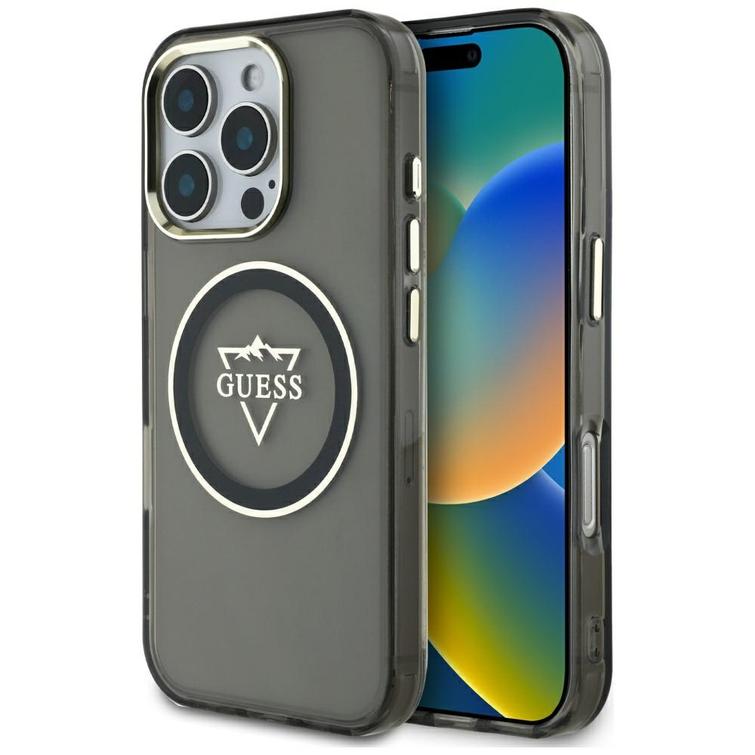 Guess Hardcase MagSafe IML Metal Mountain Logo -suojakuori iPhone 16 Pro 6,3":lle, musta