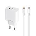 Maxlife MXTC-06-20AC PD QC laturi 1x USB-C 1x USB 20W valkoinen + USB-C - Lightning-kaapeli 20W