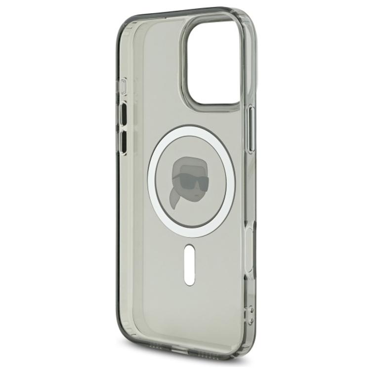 Karl Lagerfeld -suojakuori iPhone 16 Pro 6,3":lle. KLHMP16LHLSKIK, musta. Kova IML-suoja metallia. Karl Head MagSafe -luotauksella.