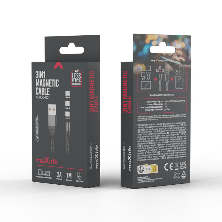 Maxlife MXUC-02 magneettikaapeli USB - Lightning + USB-C + microUSB 1,0 m 2A musta nailon