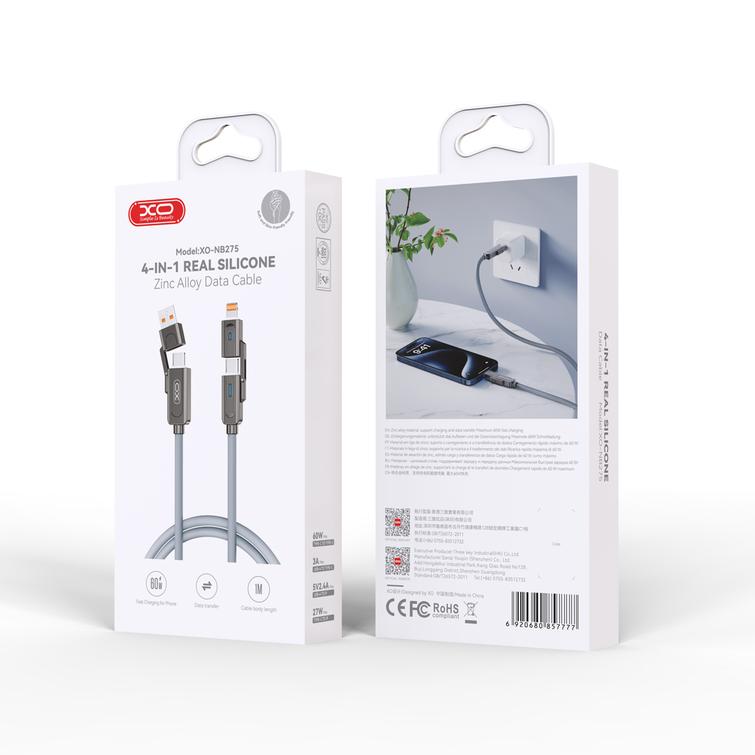 XO-kaapeli NB275 4w1 USB-C - Lightning + USB - USB-C 60W 1,0m szary