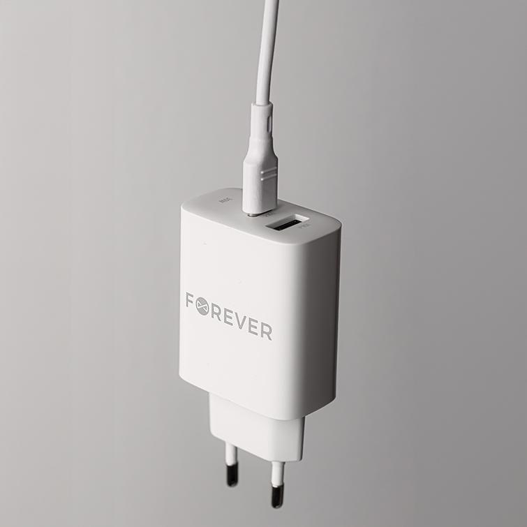 Forever TC-07-30AC PD QC laturi 1x USB-C 1x USB 30W valkoinen + USB-C - USB-C kaapeli 60W