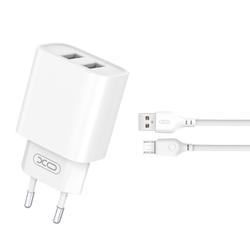 XO-sein&auml;laturi CE02C 2x USB 2,1A valkoinen + microUSB-kaapeli