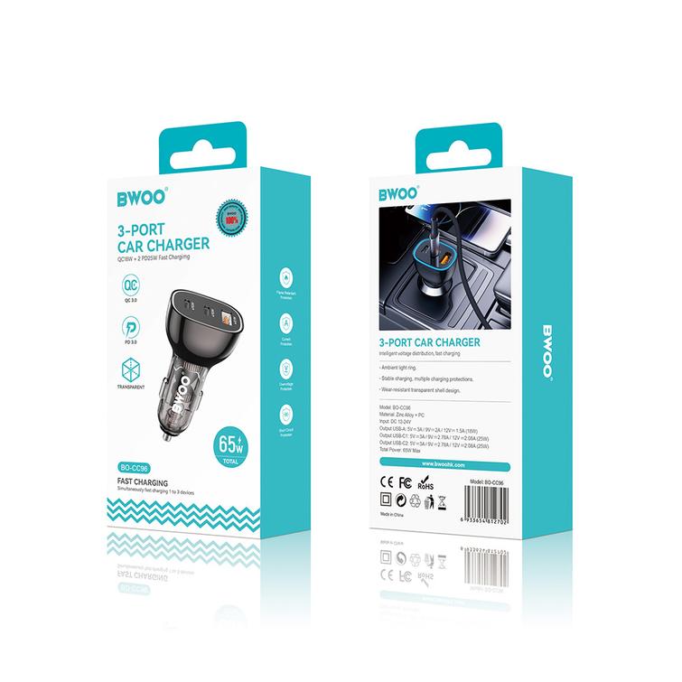 BWOO PD autolaturi 2x USB-C-portti + USB-A 68W musta