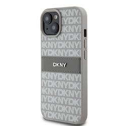 DKNY iPhone 15 Plus 6,7" -puhelimen kuori DKHCP15MPRTHSLE, beige HC PU -kuvioitu toistuva kuvio ja s&auml;vyinen raita.