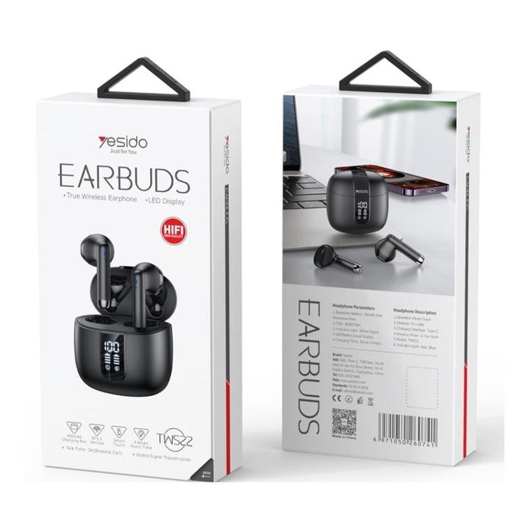 YESIDO EARPHONES TWS22 LED BT5.3 BLACK
