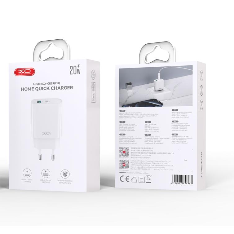 XO-seinälaturi CE29 PD 20W 1x USB-C 1x USB valkoinen