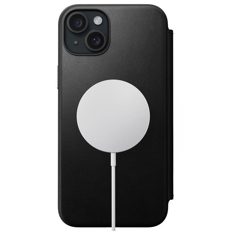 Nomad Modern Leather Folio -kotelo iPhone 15 Plus 6,7":lle, musta