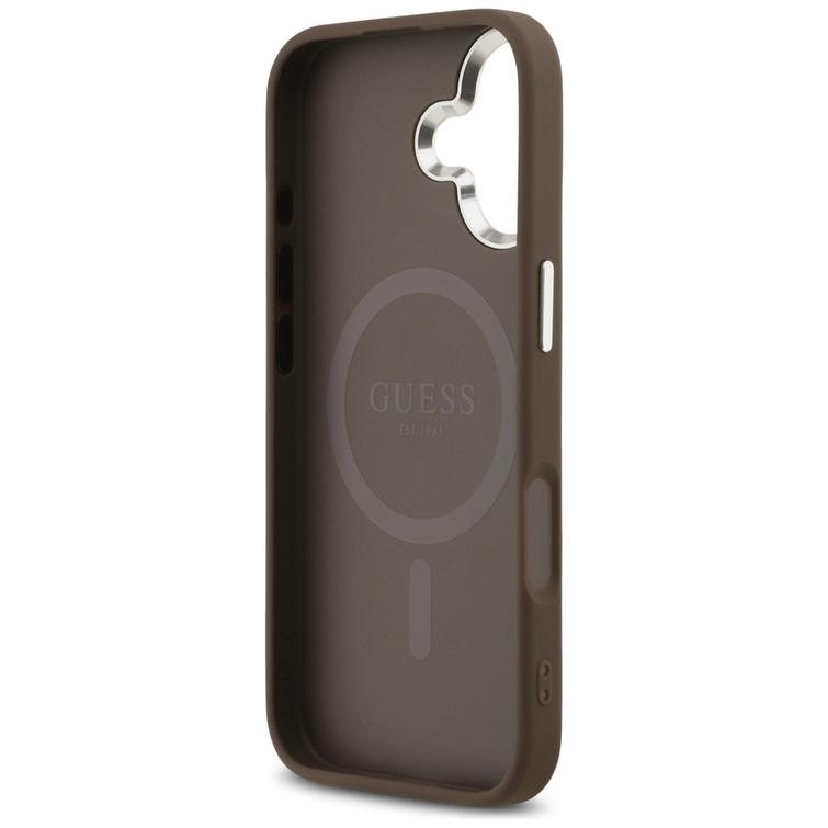 Guess Case Magsafe 4G PU-nahkakotelo kolmiologolla ja hopeisella metallisella kamerakehyksellä iPhone 17:lle, ruskea