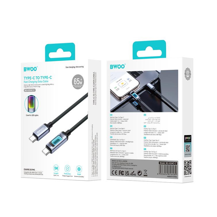 BWOO X324CC punottu pikalatauskaapeli valon&auml;yt&ouml;ll&auml; PD 60W USB-C - USB-C