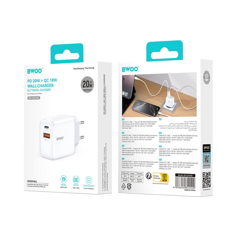 BWOO-seinälaturi CDA182 QC 38W 1x USB-A + 1x USB-C valkoinen