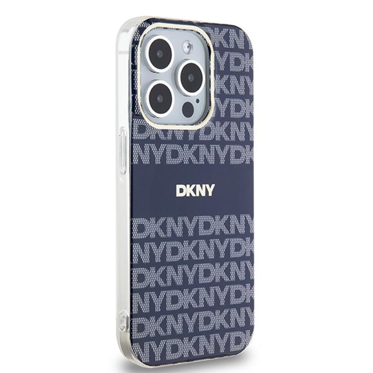 DKNY iPhone 15 Pro 6,1" -puhelimen suojakuori DKHMP15LHRHSEB, nilkkareunainen, HC Magsafe -pintakuvioitu, toistuva kuvio ja raidat.